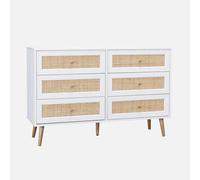 Commode décor bois et cannage 6 tiroirs Bohème. blanc - 120x39x79cm