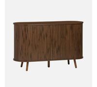 Buffet scandinave 2 portes coulissantes. 4 compartiments. décor bois rainuré. couleur noyer. buffet bas. L 120 x P 40 x H 75cm