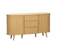 Buffet scandinave ovale 2 portes coulissantes. 4 compartiments. 3 tiroirs. décor bois rainuré. teinte naturelle. L 150 x P 40 x H