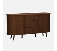 Alice's Garden sweeek - Buffet scandinave Ovale 2 Portes coulissantes. 4 Compartiments. 3 tiroirs. décor Bois rainuré. Teinte Noyer. L 150 x P 40 x H 79cm