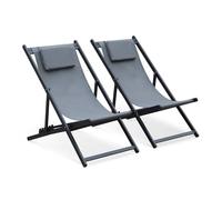 Alice's Garden sweeek- Lot de 2 Bains de Soleil - Gaia Gris - Transat en Aluminium Gris Anthracite et textilene Gris avec Coussin Repose tête. chilienne