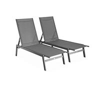 Lot de 2 transats anthracite. 5 positions. en textilène et métal. FLORA. L155 x P59 x H106cm