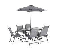 Alice's Garden - Table de Jardin Acier avec Parasol + 6 assises. Anthracite. Structure Acier avec revêtement Anti Rouille
