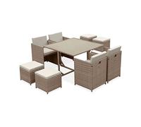 Alice's Garden - Table de Jardin encastrable résine tressée + 8 assises - Vabo - Coloris Beige. Coussins Beige. Table encastrable