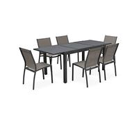 Alice's Garden - Table de Jardin Extensible Aluminium + 6 assises - Orlando Gris Taupe - Table en Aluminium 150/210cm. Plateau de Verre. rallonge et 6 chaises en textilène