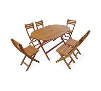 Alice's Garden - Table de Jardin Pliante Bois d'acacia + 6 assises 150cm en Bois d'acacia déjà huilé. Forme Ovale avec 6 chaises Pliables