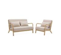 Alice's Home - Banquette 2 Places + Fauteuil en Bois et Tissu Beige