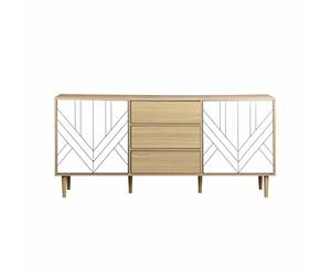 Alice's Home - Buffet de Rangement décor Bois et Blanc - Mika - 2 Niveaux. 2 Portes. 3 tiroirs. Buffet Bas. L 160 x l 40 x H 74cm