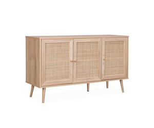 Alice's Home Buffet de Rangement en cannage Salon 120x39x70cm - Bohème - 2 Niveaux. 3 Portes. Pieds scandinaves