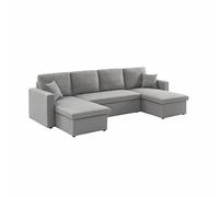 Alice's Home - Canapé panoramique Convertible en Tissu Gris Clair. 4 Places. Coffre Rangement. lit modulable