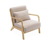 Alice's Home - Fauteuil Design en Bois et Tissu. 1 Place Droit Fixe. Pieds Compas scandinave. Structure en Bois Solide. Assise Confortable Beige