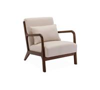 Alice's Home - Fauteuil Tissu Beige Pieds Bois d'hévéa teinté Noyer. 1 Place Droit Fixe. Pieds Compas scandinave. Structure en Bois Solide