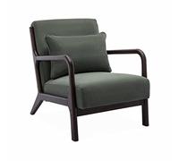 Alice's Home - Fauteuil Velours côtelé Vert Pieds Bois d'hévéa teinté wengé. 1 Place Droit Fixe. Pieds Compas scandinave. Structure en Bois Solide