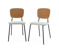 Alice's Home - Lot de 2 chaises Assise Bouclette texturée Blanche. Dossier Bois de peuplier courbé. Pieds en métal Noir Mat