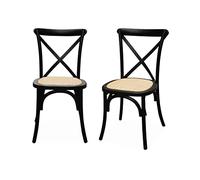 Alice's Home - Lot de 2 chaises de bistrot en Bois d'hévéa Noir. Vintage. Assise en rotin. empilables