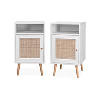 Alice's Home - Lot de 2 Tables de Chevet en cannage - Bohème - 40x39x65.8cm Blanc - 2 Niveaux - 1 Portes - 1 Espace de Rangement - Pieds scandinaves