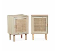 Alice's Home - Lot de 2 Tables de Chevet en cannage et décor Bois - Camargue - 40x30x58cm. 2 Niveaux. 1 Porte. Pieds Droits