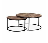 Alice's Home - Lot de 2 Tables gigognes Rondes métal Noir. décor Bois - Loft - encastrables. 1x Ø77 x H 40cm / x1 Ø57 x H 35cm