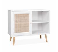 Meuble de rangement en cannage 80x39x658cm Bohème - Blanc - 2 niveaux - 1 porte - pieds scandinaves