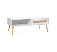 Alice's Home - Table Basse en cannage 110x59x39cm - Bohème - Blanc. 1 tiroir. 1 Espace de Rangement. Pieds scandinaves