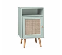 Alice's Home - Table de Chevet en cannage - Bohème - 40x39x70cm Coloris Vert céladon - 2 Niveaux - 1 Porte - 1 Espace de Rangement - Pieds scandinaves