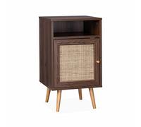 Alice's Home - Table de Chevet en cannage - Bohème - 40x39x70cm. Couleur Noyer - 2 Niveaux - 1 Porte - 1 Espace de Rangement - Pieds scandinaves