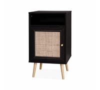 Alice's Home - Table de Chevet Noire en cannage - Bohème - 40x39x70cm. Noir - 2 Niveaux - 1 Porte - 1 Espace de Rangement - Pieds scandinaves