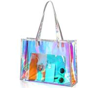 Aliceset Sac fourre-tout holographique transparent avec poignée en cuir irisé pour enterrement de vie de jeune fille, sac de plage pour travail, stade, voyage, Multicolore iridescent, about 15 x 11 x