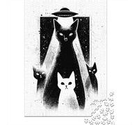 Alien Cats Abduction Black and White Puzzle 1000 Pièces pour Adultes, 70x50cm/1000pcs, Projet Tranquille pour Le W nd; Pièces Blanches Faciles À Trier