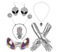 Alien Costume, 6 Piece Space Cosplay Outfit With Headband And Sunglasses | Futuristic Alien Theme Creates A Fun Look, Six Piece Costume Set, Lightweight 3D Printed Material, Great For Halloween
