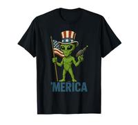 Alien drôle avec Drapeau américain et Pistolet à Rayons 4 Juillet T-Shirt