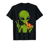 Alien Mangeant Une Pizza Signe de Paix Vert Extraterrestre Extraterrestre T-Shirt