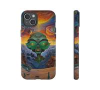 Alien vert avec lunettes de soleil dans un paysage spatial psychédélique - Coque rigide brillante - Compatible avec iPhone 15 Plus