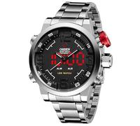 Alienwork DualTime Montre Analogique-LED Homme Femme Argent Bracelet en Métal Acier Calendrier Date-Mois-Année Noir Multifonction Fuseaux Horaires Multiples