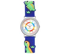 Alienwork Kids Dino T-Rex Montre Pédagogique Apprendre l'Heure Enfants Garçon Fille Argent Bracelet Bleu Marin Multicolore Enfants Résistant à l'eau 5 ATM Temps d'apprentissage