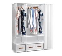 Alightup Armoire de Rangement avec Rideau, Penderie, Dressing, Armoire Métallique, avec Barres de Suspension, Porte-vêtements, pour Vestiaire, Chambre, 144 x 45 x 166 cm (Blanc, 144 x 45 x 166 cm)