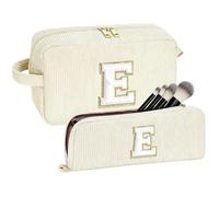 ALIIP Trousse de Maquillage Femme en Velours Côtelé, Grande Trousse de Toilette Voyage avec Lettre 3D, Set de Rangement Cosmétique 2 Pièces avec Pochette à Pinceaux, Beige-E