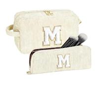 ALIIP Trousse de Maquillage Femme en Velours Côtelé, Grande Trousse de Toilette Voyage avec Lettre 3D, Set de Rangement Cosmétique 2 Pièces avec Pochette à Pinceaux, Beige-M