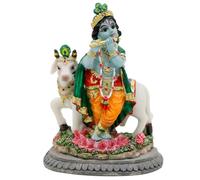 Alikiki Statue de Piper Krishna et Vache - Culture du Sri Krishna - Statue Indienne Faite à la Main Debout et Jouant de la flûte, Multicolore, 9,6 x 5 x 4,3 cm (H x L x l) en résine