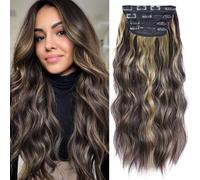 AliLeader Lot de 4 extensions de cheveux synthétiques à clipser, 50,8 cm de long, bouclés et bruns, doux et ondulés (brun mélangé blond clair, 4 pièces)