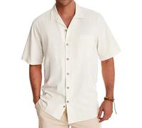 Alimens & Gentle Chemise hawaïenne à Manches Courtes en Coton et Lin pour Homme, A-Blanc crème, Taille L