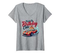 Alimenté par Birthday Cake Crew Family Racing Party T-Shirt avec Col en V, Femme, Gris Chiné, XXL