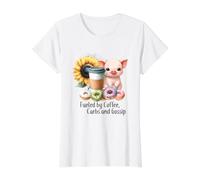 Alimenté par des Glucides de café et des Beignets de Cochon à potins T-Shirt Graphique avec Valeur, Femme, Blanc, XL