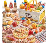 Aliments Jouets 83 Pcs en Paille de Blé - Set Cuisine Enfant avec Panier de Pique-Nique & Couverture - Dinette à Découper (Scratch), Pizza, Fruits & Légumes - Cadeau Éducatif Écologique dès 3 Ans