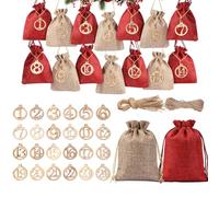 ALINK Calendrier de l'Avent à remplir - XXL - Kit de bricolage - 24 sachets en tissu - Grand et petit - Rouge et beige naturel - Pendentif en bois - Chiffres - Sacs en toile de jute - Réutilisables