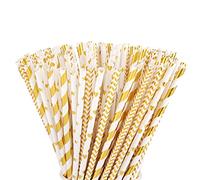 ALINK Lot de 100 pailles en papier - Dorées et blanches - Rayées - Sans plastique - Biodégradables - Pour cocktail, mariage, anniversaire, fête