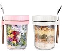 ALINK Lot de 2 bocaux à avoine de nuit avec couvercle et cuillère, récipient de stockage pour céréales, lait, légumes et fruits avec marques de mesure (rose/blanc)