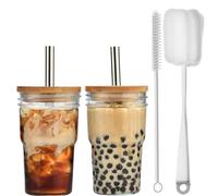 ALINK Lot de 2 gobelets à thé à bulles avec paille - 475 ml - Verre à thé Boba Tea avec couvercle - Verre à large goulot glacé pour milkshakes, jus, smoothies, bières