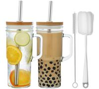 ALINK Lot de 2 gobelets de 710 ml avec poignée, couvercle et paille - Verres Mason Jar réutilisables pour café glacé, smoothies, bière, jus et thé - Couvercle blanc