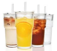 ALINK Lot de 2 gobelets en verre nervurés de 600 ml, avec couvercle et paille, pour café glacé, long drink, smoothie, design hermétique et étanche, idéal comme café